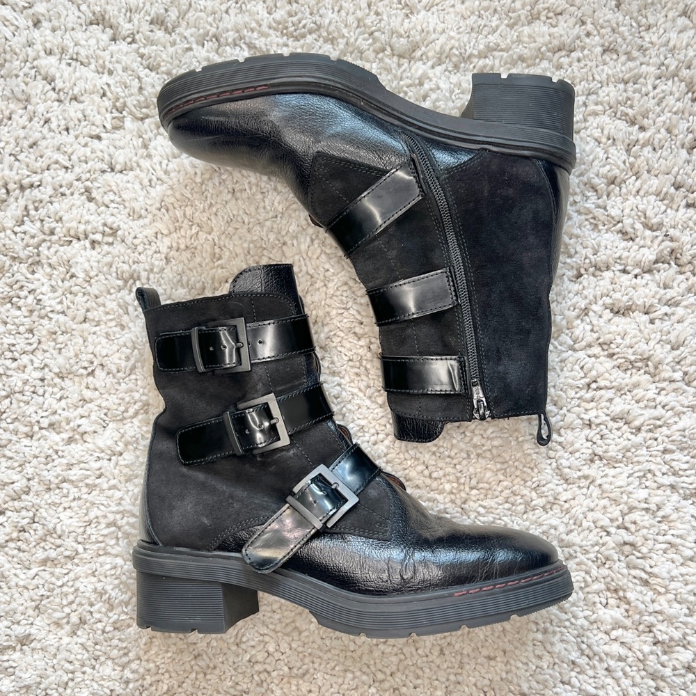 Black Women's Moto Combat Boots with Triple Buckle Straps